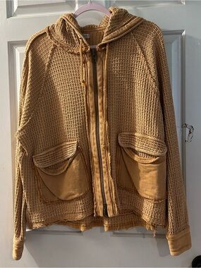 Free People Waffle Knit Hooded Zip Jacket in Camel/Tan